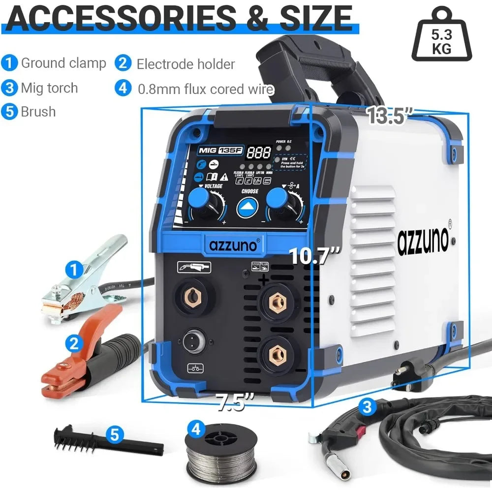 135 Amp MIG Welder, 3 in 1 Multiprocess Welder 110V Flux Core Welder Flux MIG/Lift TIG/Stick Welding Machine Synergic Control