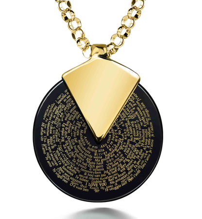 I Love You Necklace in 120 Languages 24k Gold Inscribed on Spinning Round Onyx