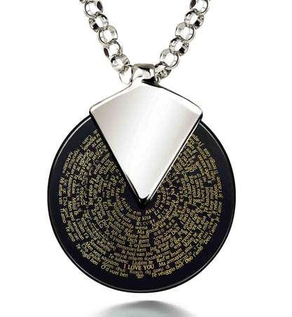 I Love You Necklace in 120 Languages 24k Gold Inscribed on Spinning Round Onyx