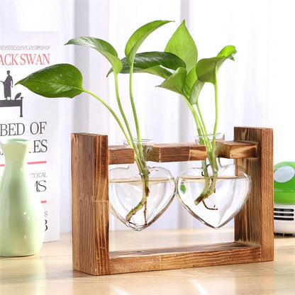 Glass and Wood Vase Planter Table Desktop