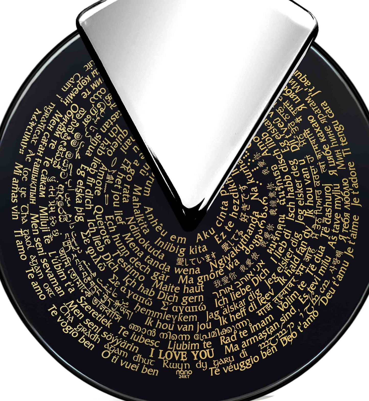 I Love You Necklace in 120 Languages 24k Gold Inscribed on Spinning Round Onyx