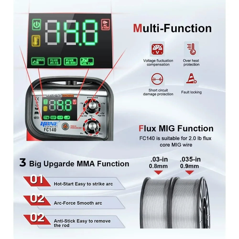HONE MIG Welder 110V, Actual 140Amp Flux Core Welder/Stick Welder/Lift TIG 3 in 1 Synergic Welding Machine, Smart IGBT Inverter