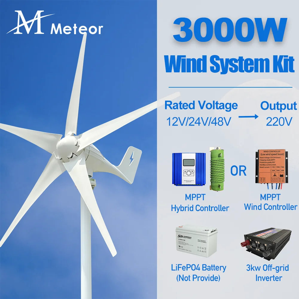 3000W Wind Turbine Power Generator Off Grid System 12V 24V 48V Output 220V 230V 240V System For Home Complete Kit MPPT Charger